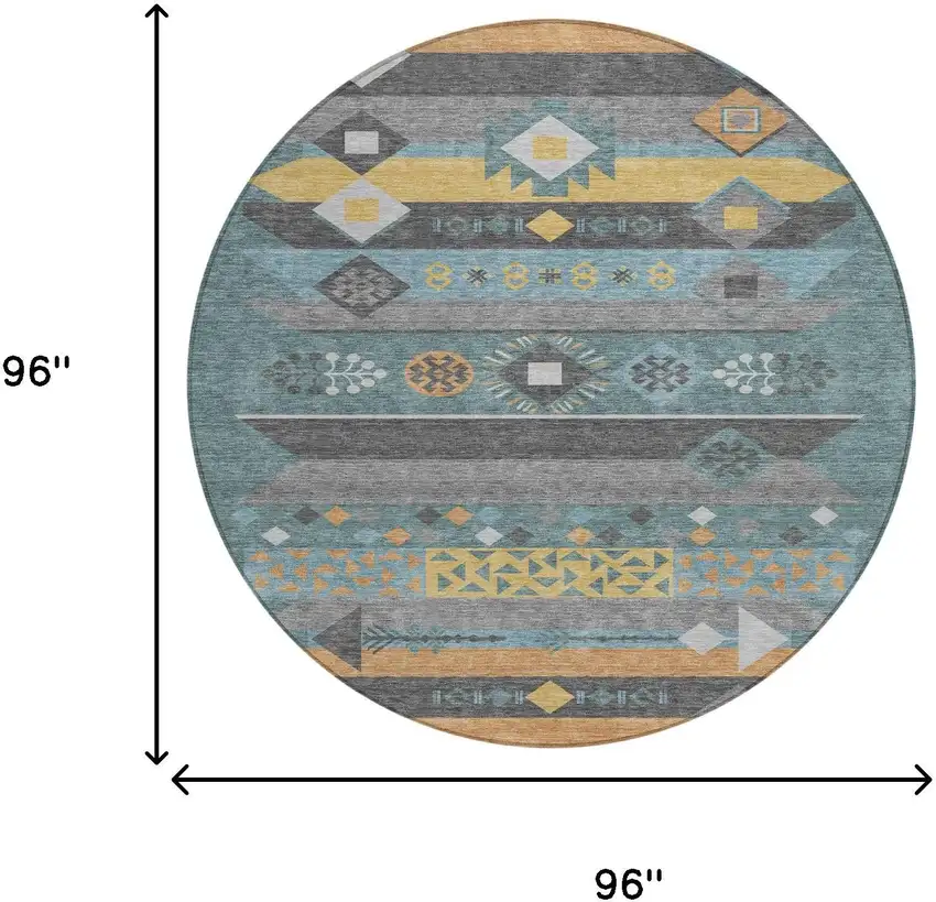 8' Teal Blue And Copper Round Geometric Washable Indoor Outdoor Area Rug Photo 7