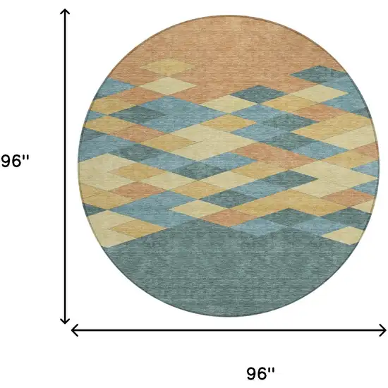 8' Teal Blue And Copper Round Geometric Washable Indoor Outdoor Area Rug Photo 7