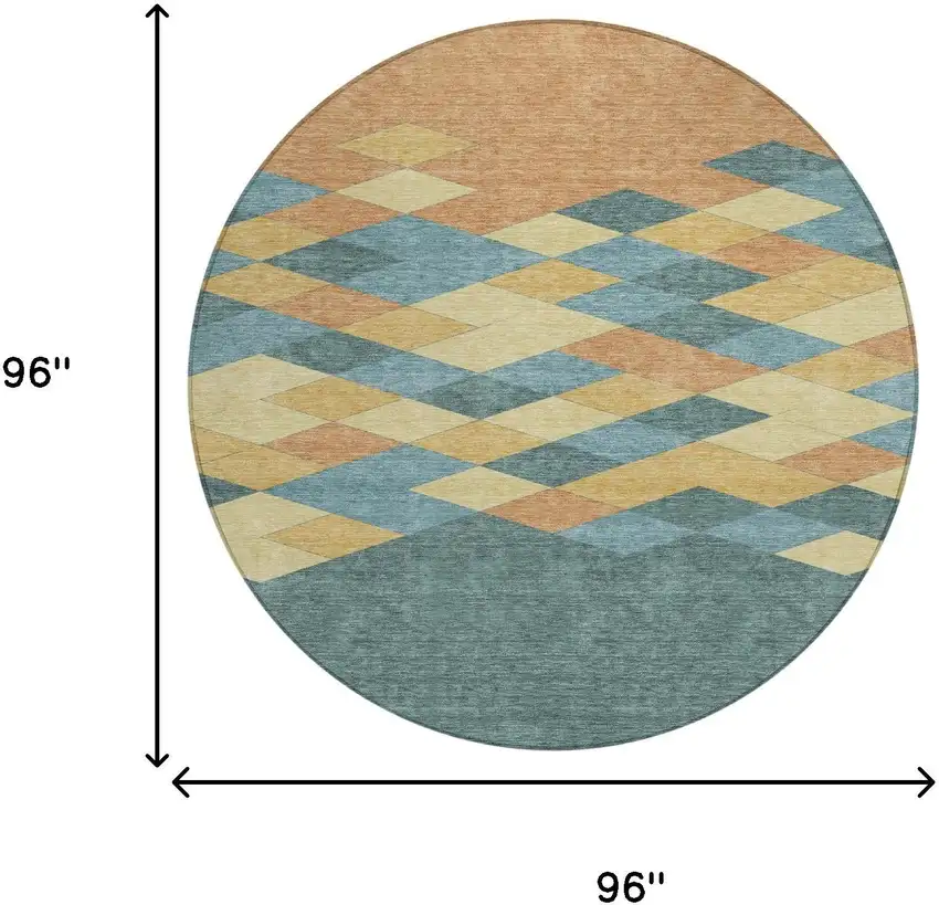 8' Teal Blue And Copper Round Geometric Washable Indoor Outdoor Area Rug Photo 7