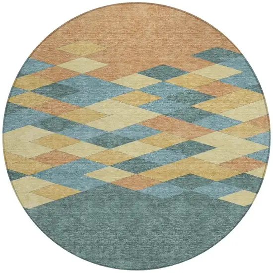 8' Teal Blue And Copper Round Geometric Washable Indoor Outdoor Area Rug Photo 4