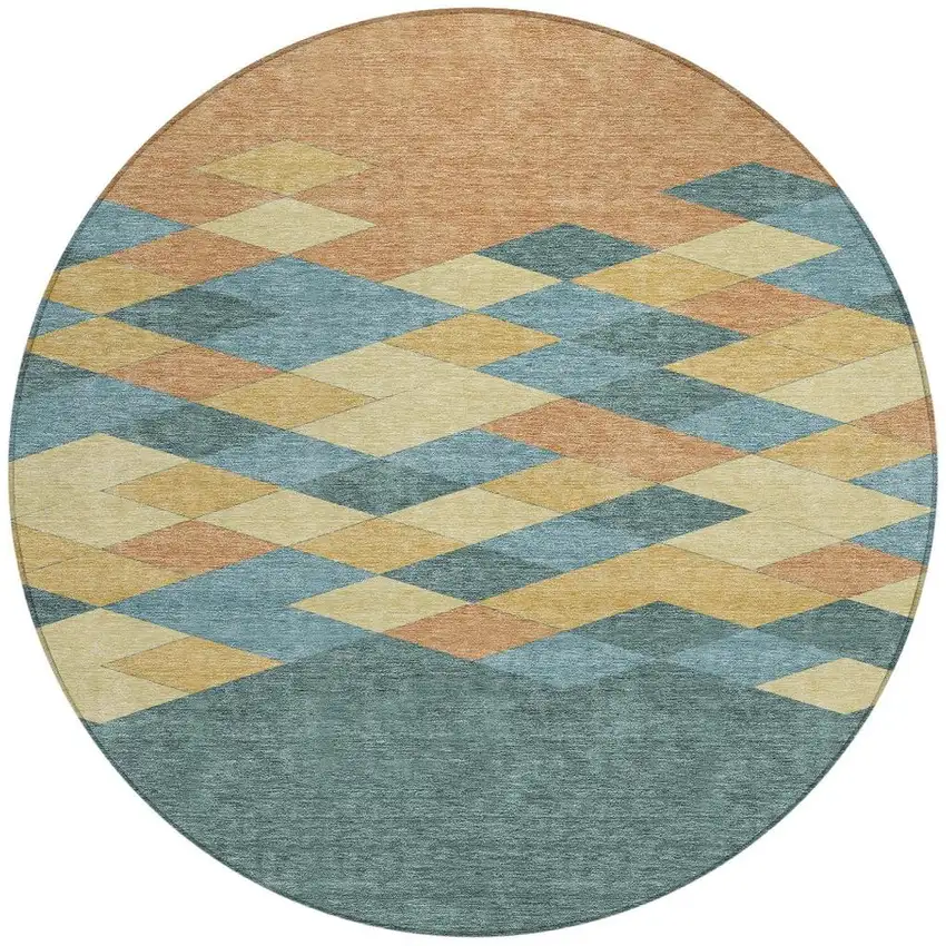 8' Teal Blue And Copper Round Geometric Washable Indoor Outdoor Area Rug Photo 4