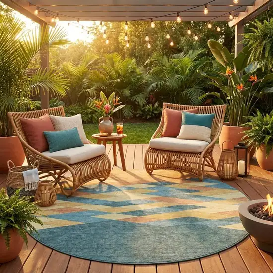 8' Teal Blue And Copper Round Geometric Washable Indoor Outdoor Area Rug Photo 1