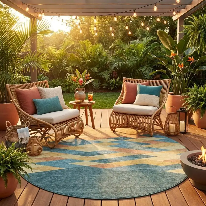 8' Teal Blue And Copper Round Geometric Washable Indoor Outdoor Area Rug Photo 1