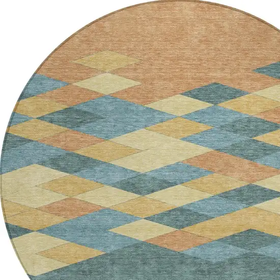 8' Teal Blue And Copper Round Geometric Washable Indoor Outdoor Area Rug Photo 3