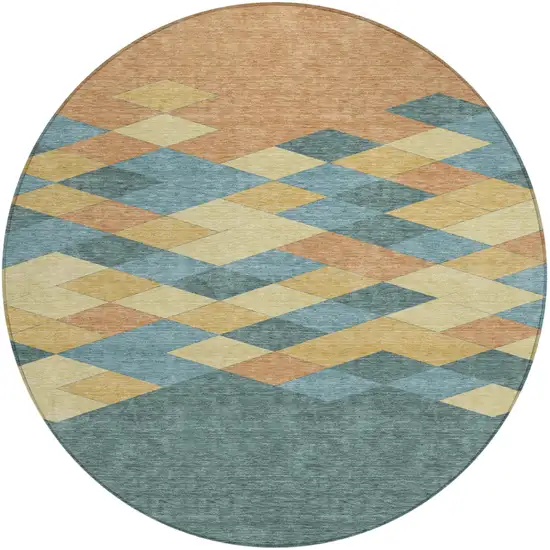 8' Teal Blue And Copper Round Geometric Washable Indoor Outdoor Area Rug Photo 2