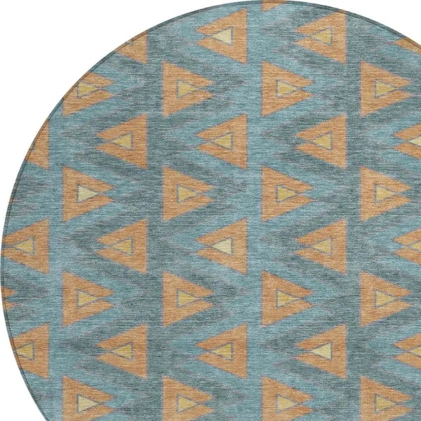 8' Teal Blue And Copper Round Geometric Washable Indoor Outdoor Area Rug Photo 3
