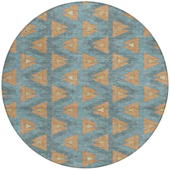 8' Teal Blue And Copper Round Geometric Washable Indoor Outdoor Area Rug Photo 4