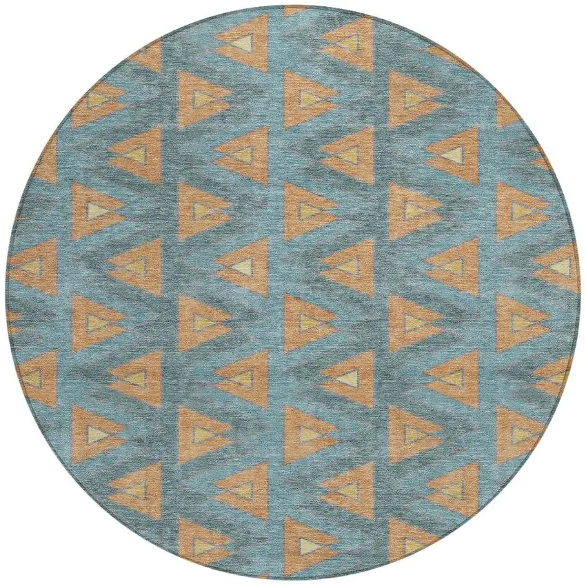 8' Teal Blue And Copper Round Geometric Washable Indoor Outdoor Area Rug Photo 4