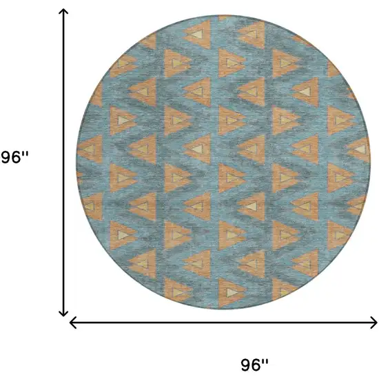 8' Teal Blue And Copper Round Geometric Washable Indoor Outdoor Area Rug Photo 7
