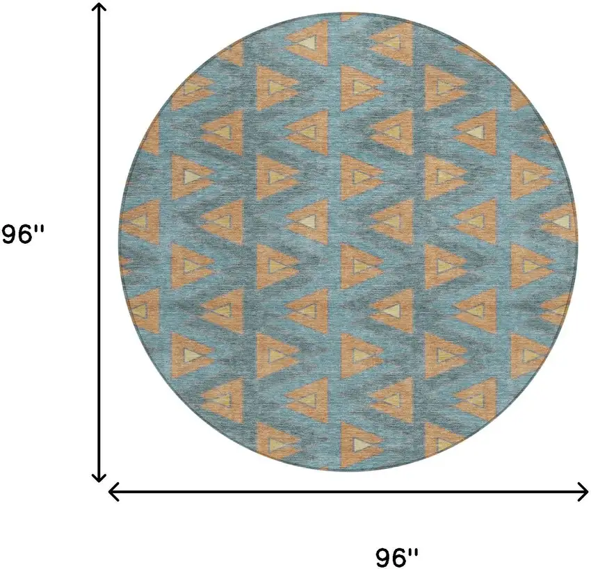 8' Teal Blue And Copper Round Geometric Washable Indoor Outdoor Area Rug Photo 7