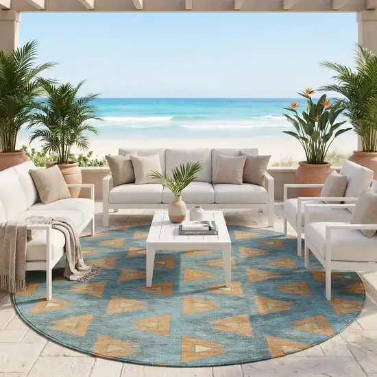 8' Teal Blue And Copper Round Geometric Washable Indoor Outdoor Area Rug Photo 1