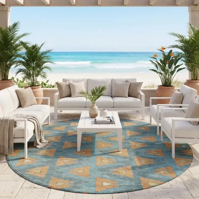 8' Teal Blue And Copper Round Geometric Washable Indoor Outdoor Area Rug Photo 1