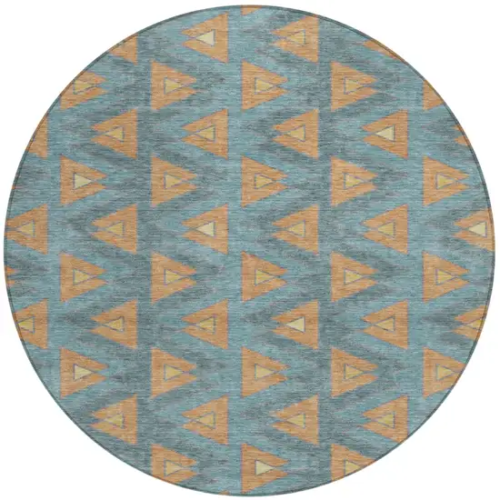 8' Teal Blue And Copper Round Geometric Washable Indoor Outdoor Area Rug Photo 2