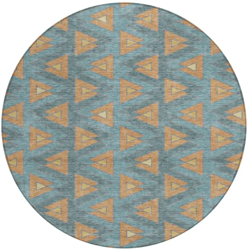 8' Teal Blue And Copper Round Geometric Washable Indoor Outdoor Area Rug Photo 2