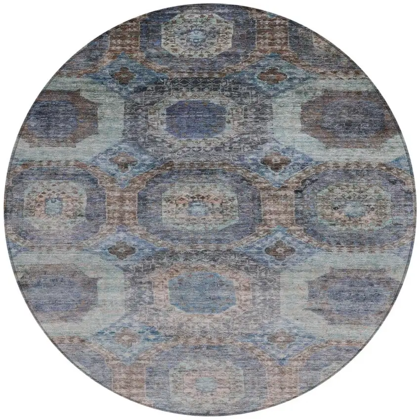 8' Teal Blue And Copper Round Medallion Washable Indoor Outdoor Area Rug Photo 3