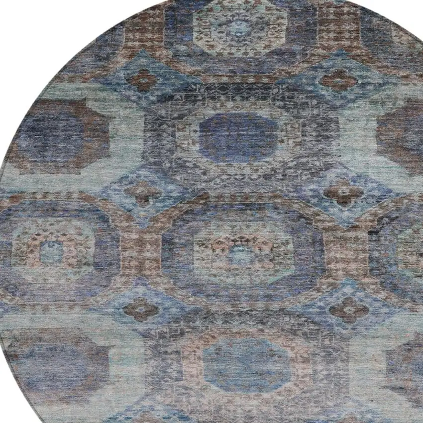 8' Teal Blue And Copper Round Medallion Washable Indoor Outdoor Area Rug Photo 9