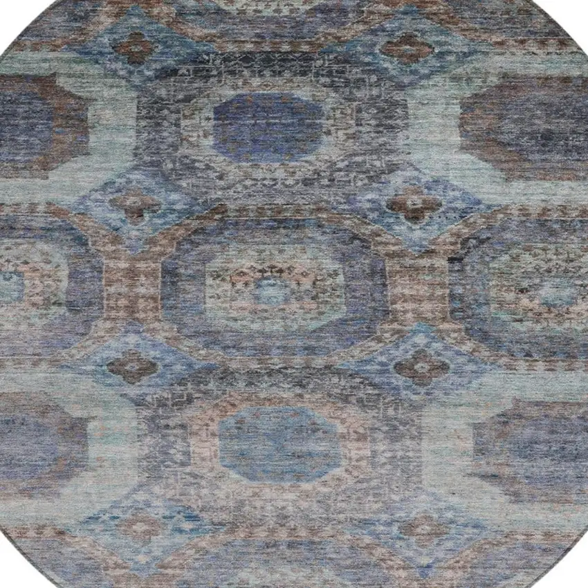 8' Teal Blue And Copper Round Medallion Washable Indoor Outdoor Area Rug Photo 4