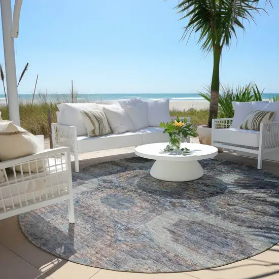8' Teal Blue And Copper Round Medallion Washable Indoor Outdoor Area Rug Photo 5