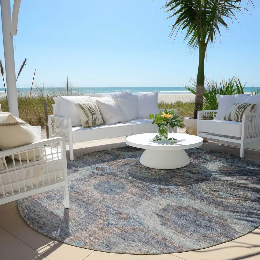8' Teal Blue And Copper Round Medallion Washable Indoor Outdoor Area Rug Photo 5