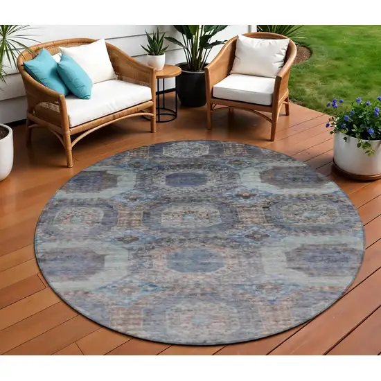 8' Teal Blue And Copper Round Medallion Washable Indoor Outdoor Area Rug Photo 2