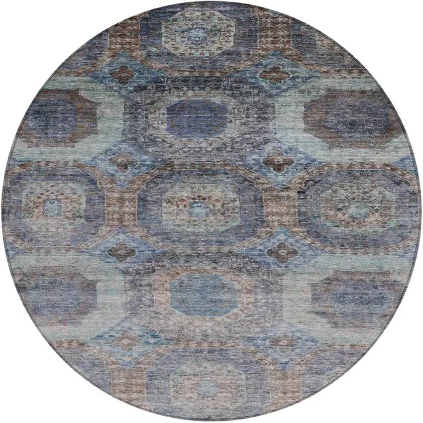 8' Teal Blue And Copper Round Medallion Washable Indoor Outdoor Area Rug Photo 1