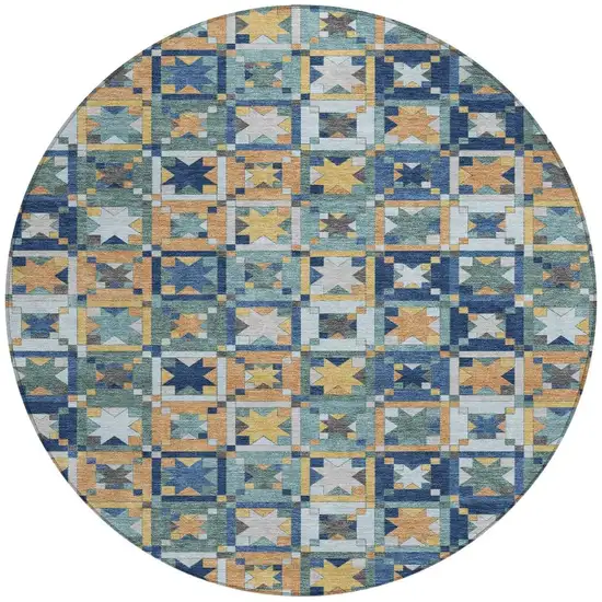 8' Teal Blue And Copper Round Patchwork Washable Indoor Outdoor Area Rug Photo 4