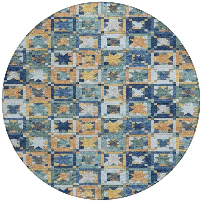 8' Teal Blue And Copper Round Patchwork Washable Indoor Outdoor Area Rug Photo 4