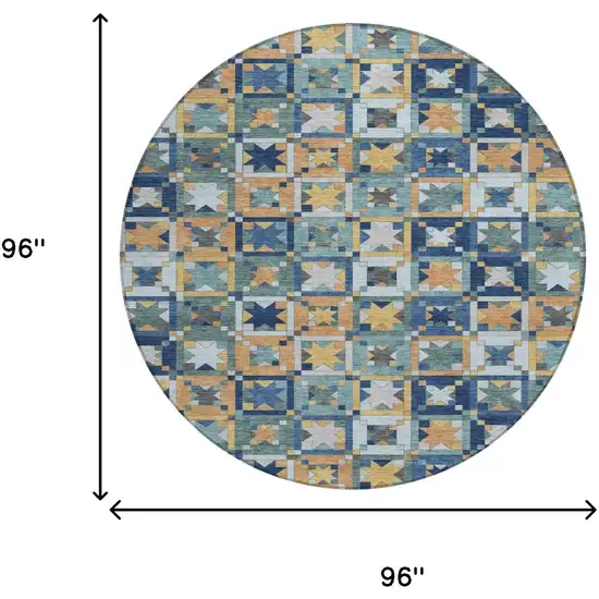 8' Teal Blue And Copper Round Patchwork Washable Indoor Outdoor Area Rug Photo 7