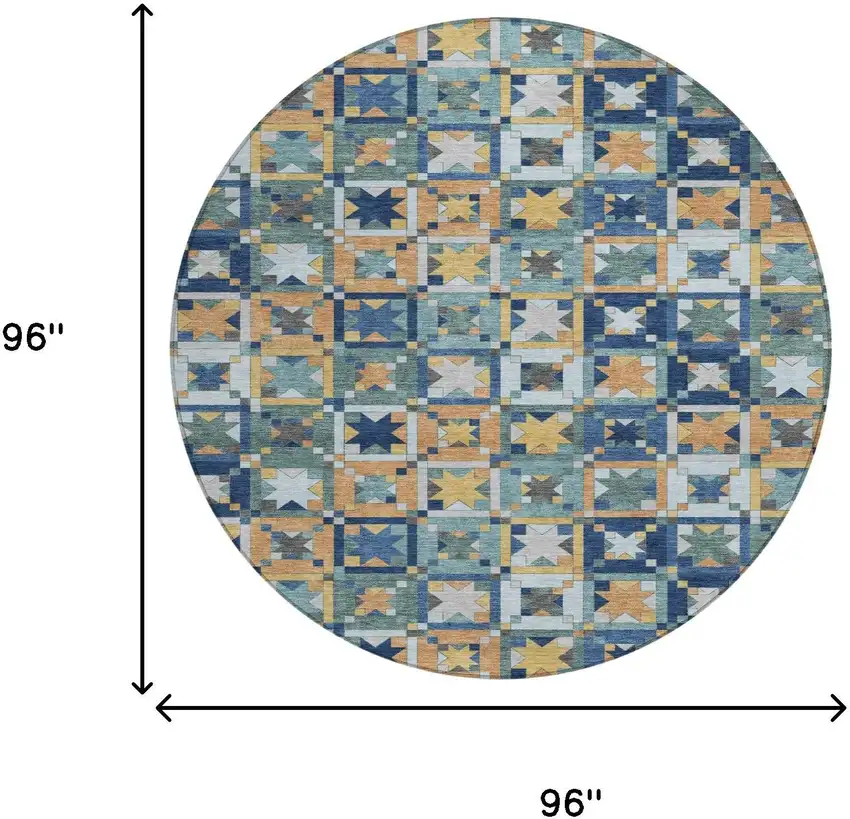 8' Teal Blue And Copper Round Patchwork Washable Indoor Outdoor Area Rug Photo 7