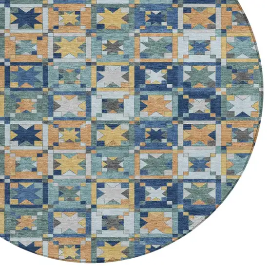 8' Teal Blue And Copper Round Patchwork Washable Indoor Outdoor Area Rug Photo 3