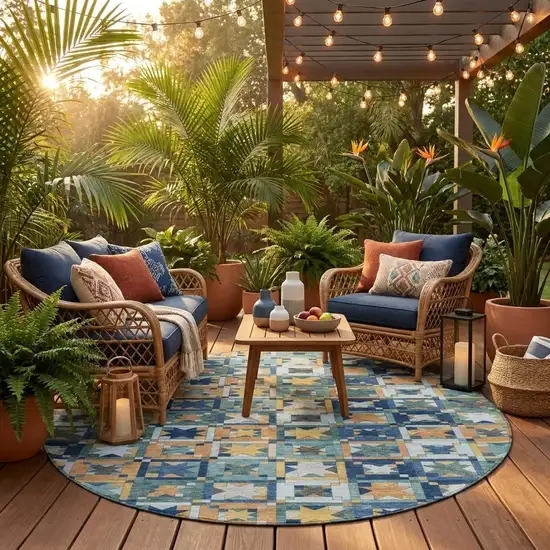 8' Teal Blue And Copper Round Patchwork Washable Indoor Outdoor Area Rug Photo 1