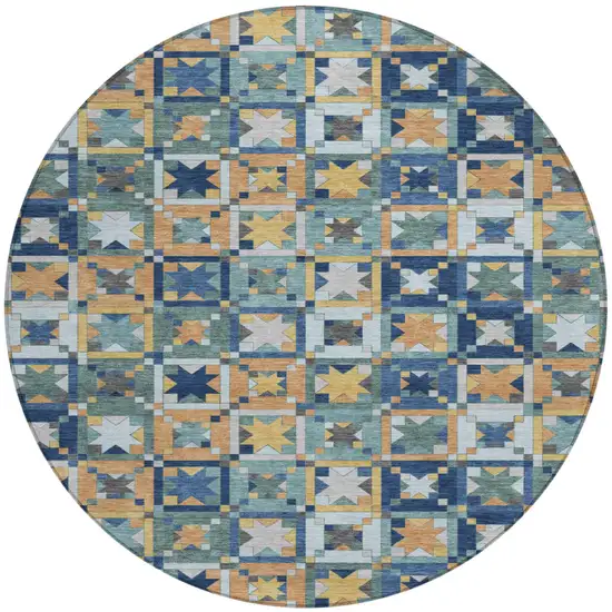 8' Teal Blue And Copper Round Patchwork Washable Indoor Outdoor Area Rug Photo 2