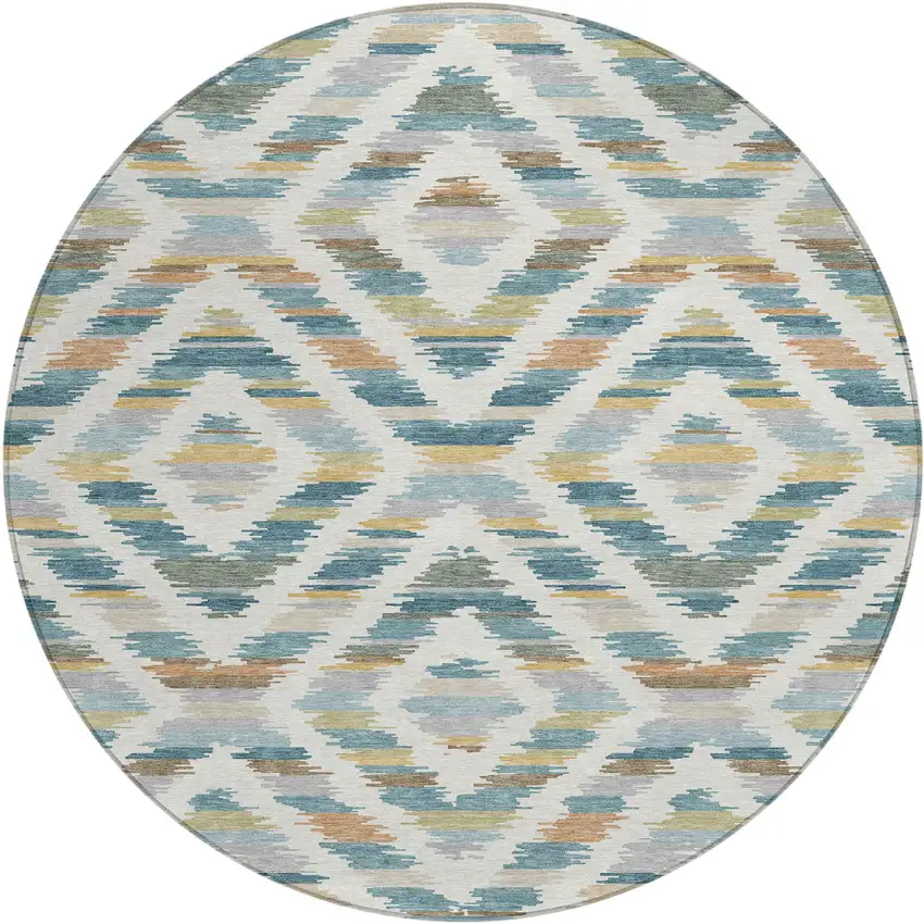 8' Teal Blue And Copper Round Tribal Washable Indoor Outdoor Area Rug Photo 6