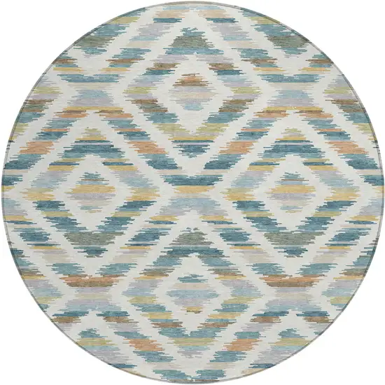 8' Teal Blue And Copper Round Tribal Washable Indoor Outdoor Area Rug Photo 6