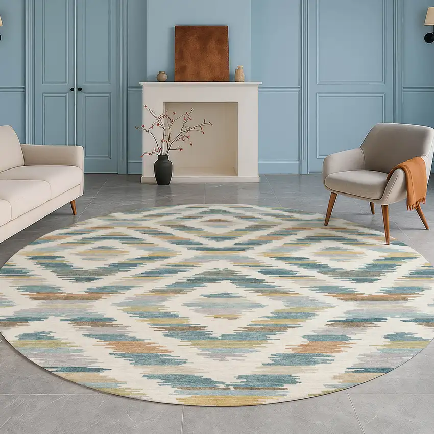 8' Teal Blue And Copper Round Tribal Washable Indoor Outdoor Area Rug Photo 5