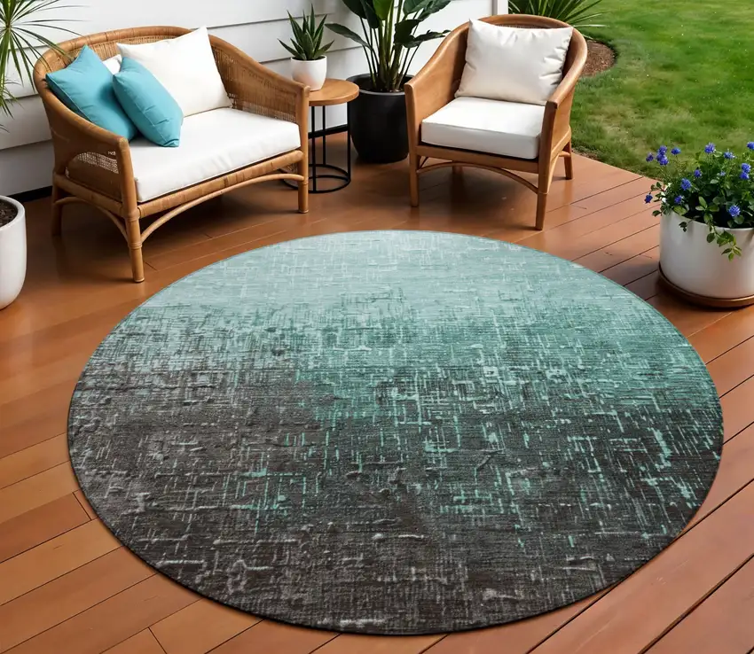 8' Teal Blue And Dark Gray Round Ombre Washable Indoor Outdoor Area Rug Photo 1