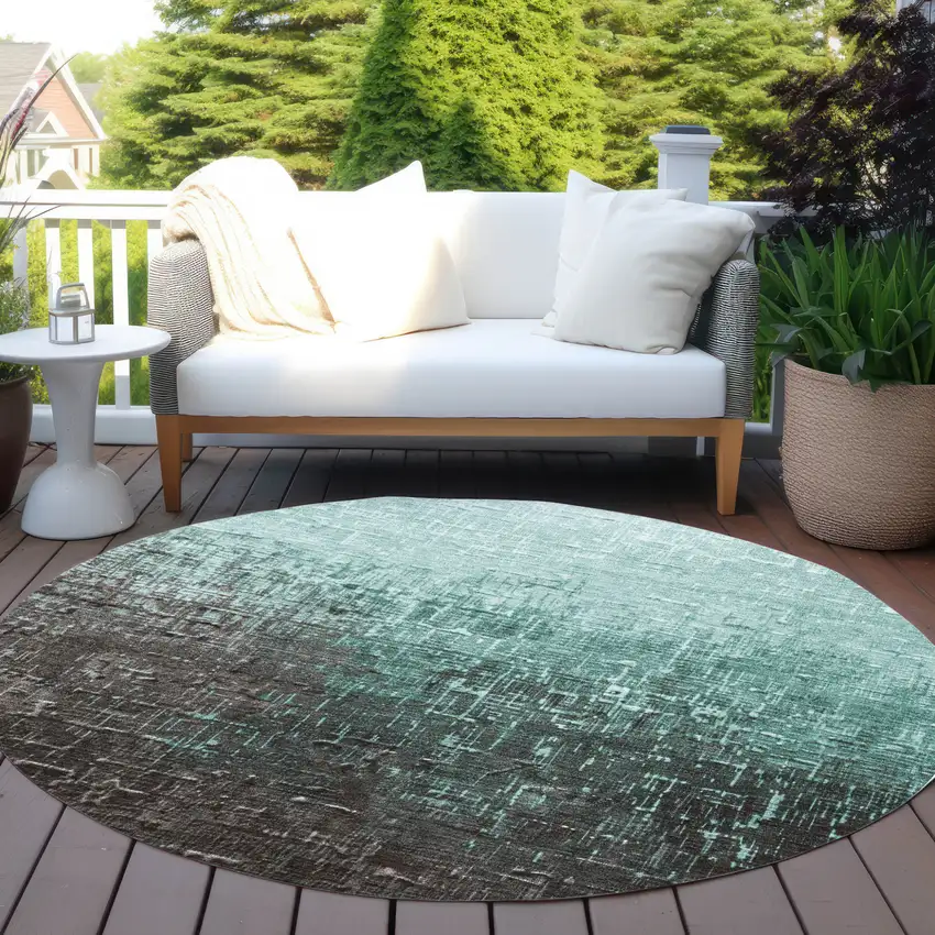 8' Teal Blue And Dark Gray Round Ombre Washable Indoor Outdoor Area Rug Photo 7