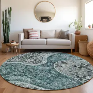 Photo of 8' Teal Blue And Dark Green Round Floral Medallion Washable Indoor Outdoor Area Rug