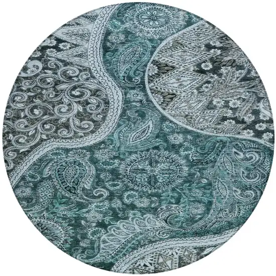 8' Teal Blue And Dark Green Round Floral Medallion Washable Indoor Outdoor Area Rug Photo 6