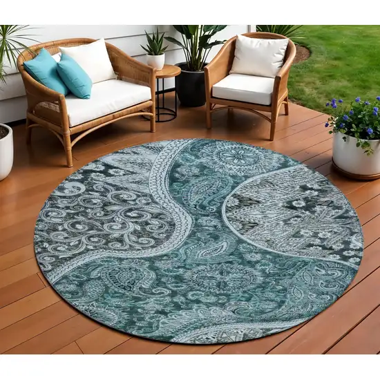 8' Teal Blue And Dark Green Round Floral Medallion Washable Indoor Outdoor Area Rug Photo 1