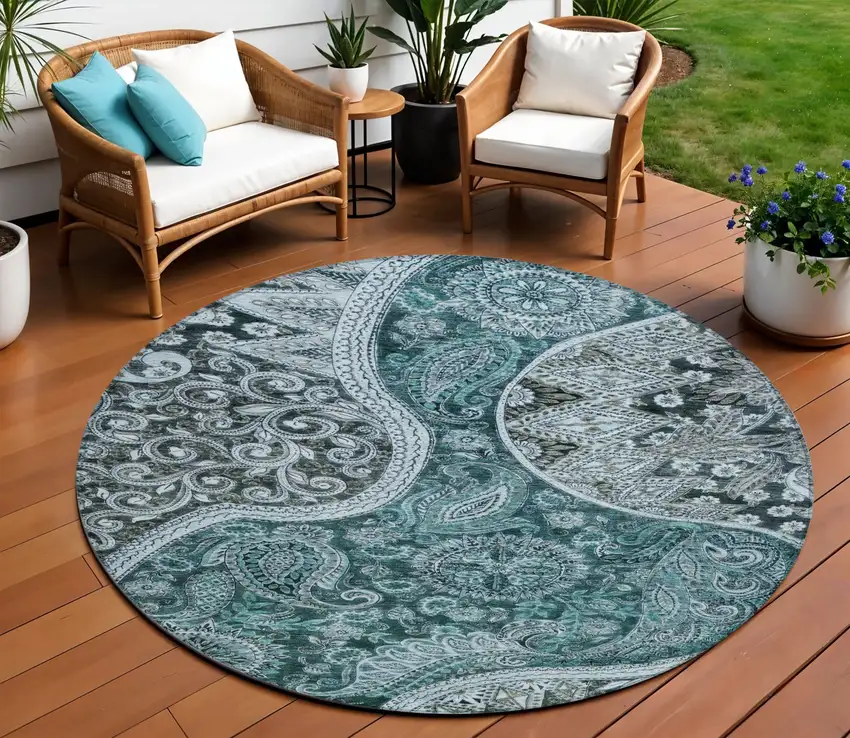 8' Teal Blue And Dark Green Round Floral Medallion Washable Indoor Outdoor Area Rug Photo 1