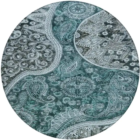 8' Teal Blue And Dark Green Round Floral Medallion Washable Indoor Outdoor Area Rug Photo 2