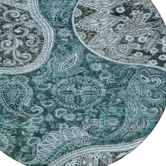 8' Teal Blue And Dark Green Round Floral Medallion Washable Indoor Outdoor Area Rug Photo 5