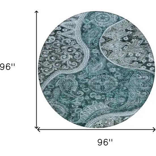 8' Teal Blue And Dark Green Round Floral Medallion Washable Indoor Outdoor Area Rug Photo 9