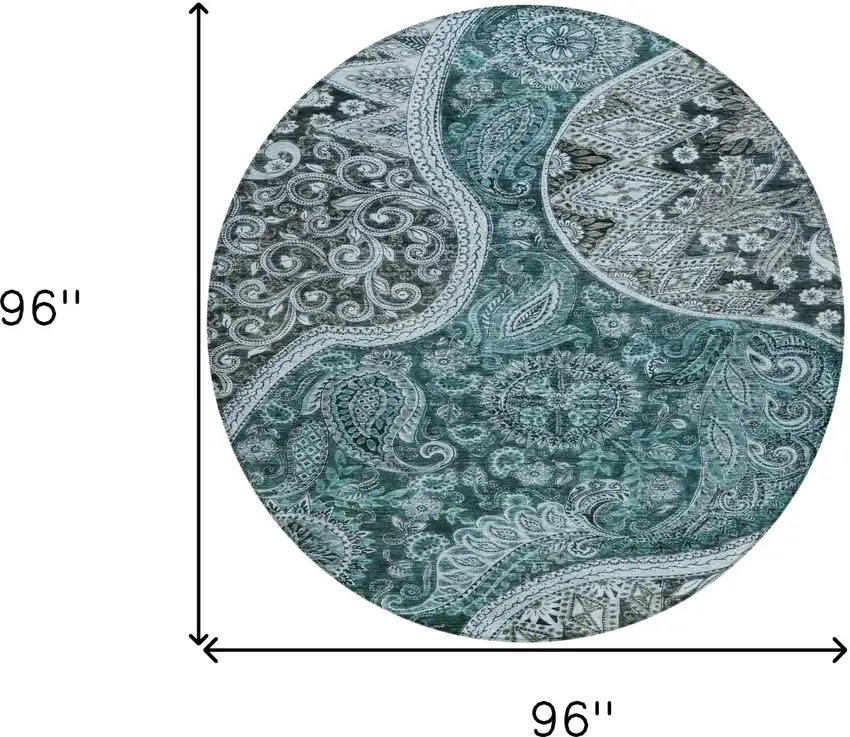 8' Teal Blue And Dark Green Round Floral Medallion Washable Indoor Outdoor Area Rug Photo 9