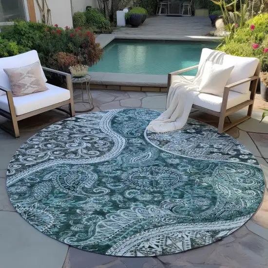 8' Teal Blue And Dark Green Round Floral Medallion Washable Indoor Outdoor Area Rug Photo 7