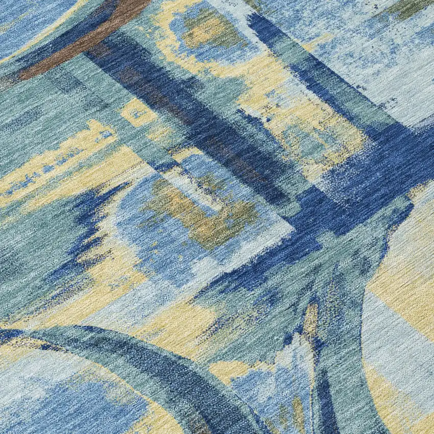 8' Teal Blue And Denim Blue Round Abstract Washable Indoor Outdoor Area Rug Photo 5