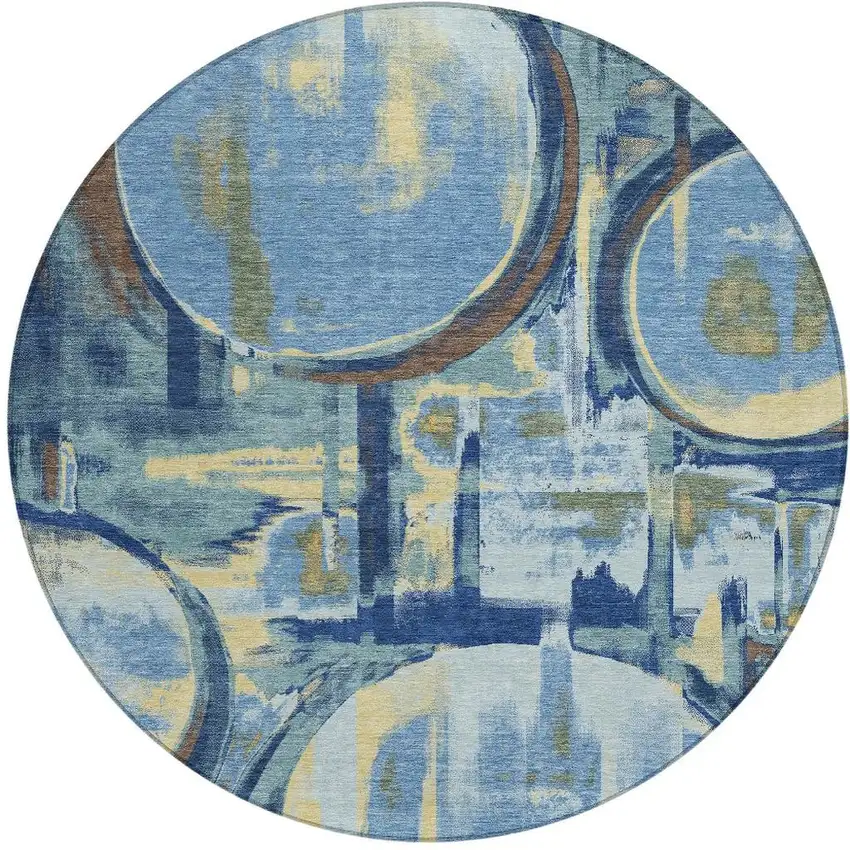 8' Teal Blue And Denim Blue Round Abstract Washable Indoor Outdoor Area Rug Photo 3