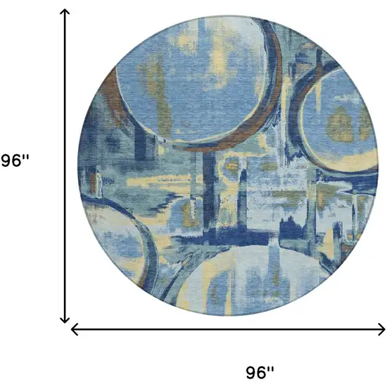 8' Teal Blue And Denim Blue Round Abstract Washable Indoor Outdoor Area Rug Photo 6