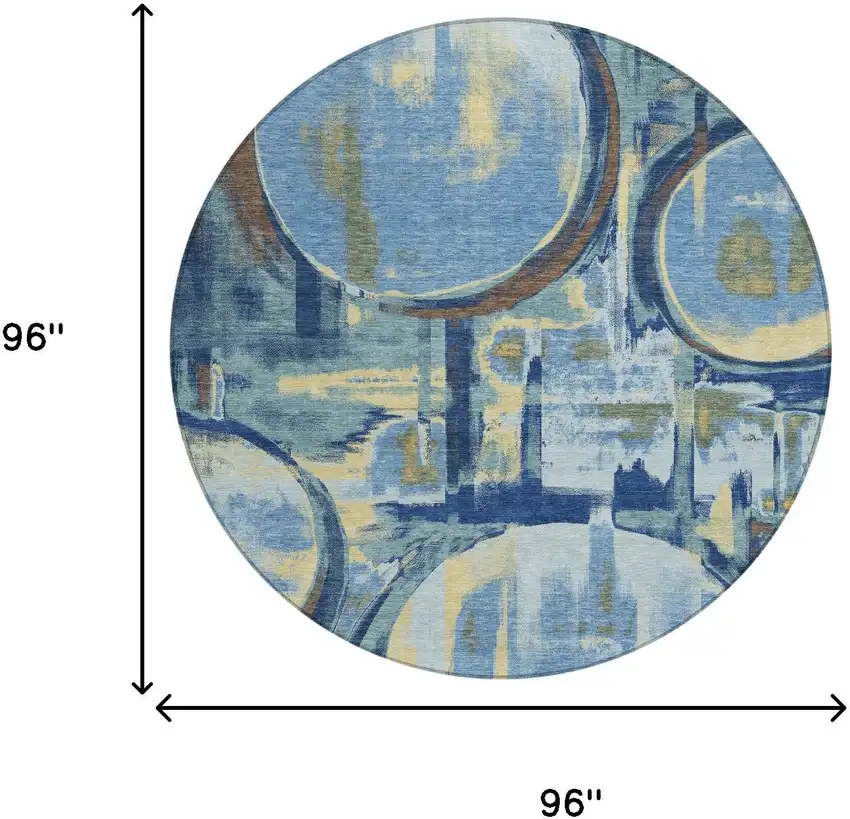 8' Teal Blue And Denim Blue Round Abstract Washable Indoor Outdoor Area Rug Photo 6